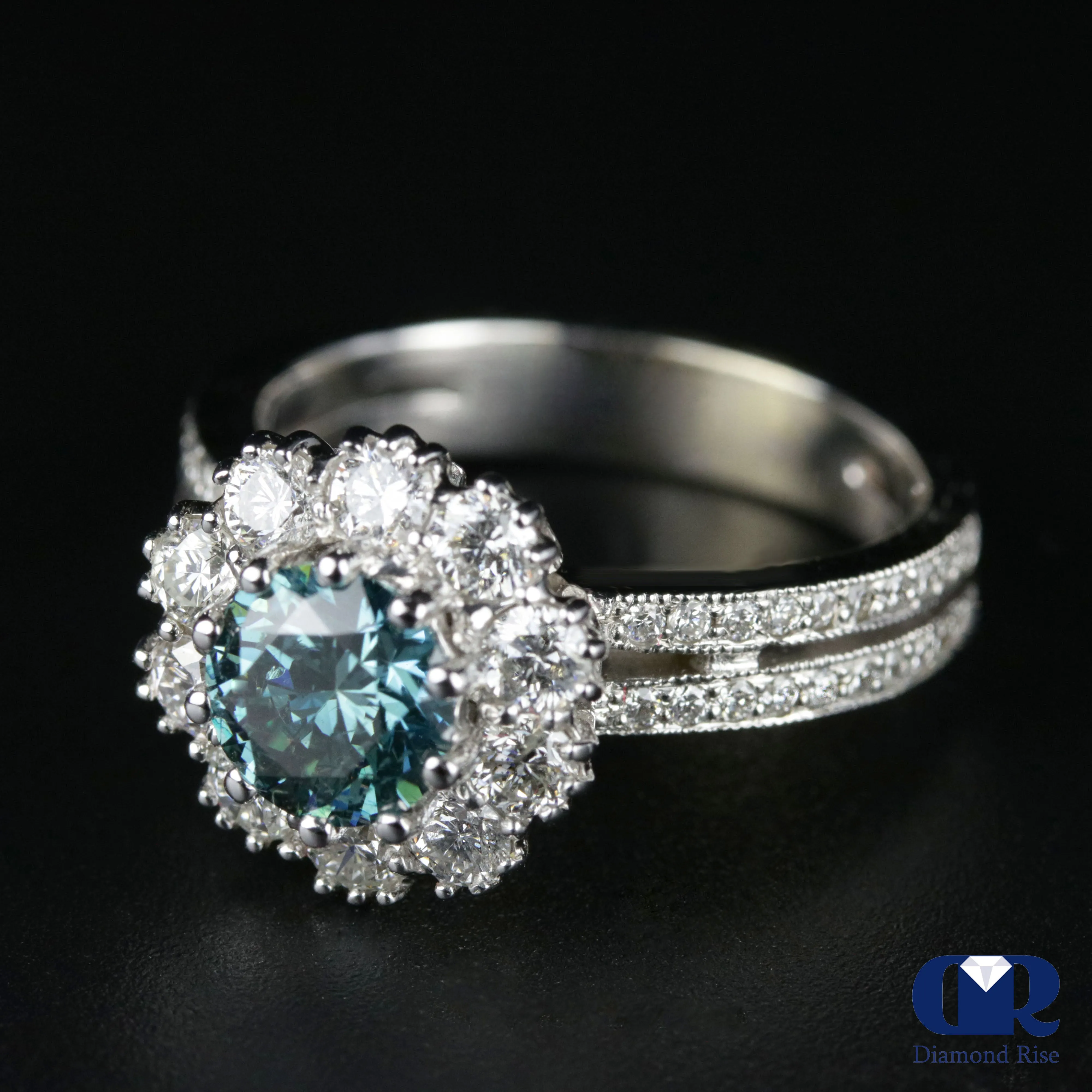 2.34 Carat Round Cut Blue Diamond Halo Engagement Ring In 14K White Gold