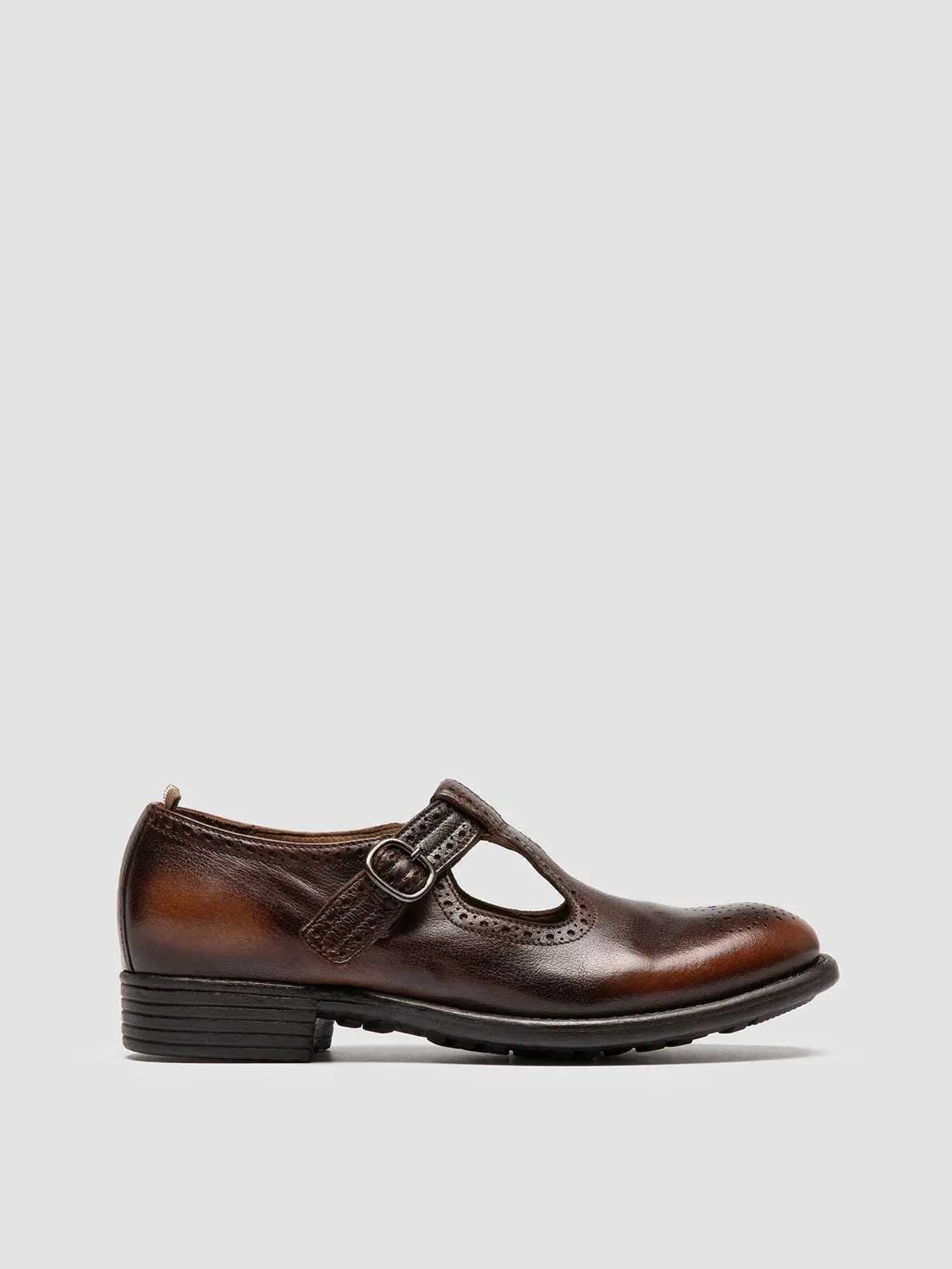 CALIXTE 071 - Brown Leather T-Bar Shoes