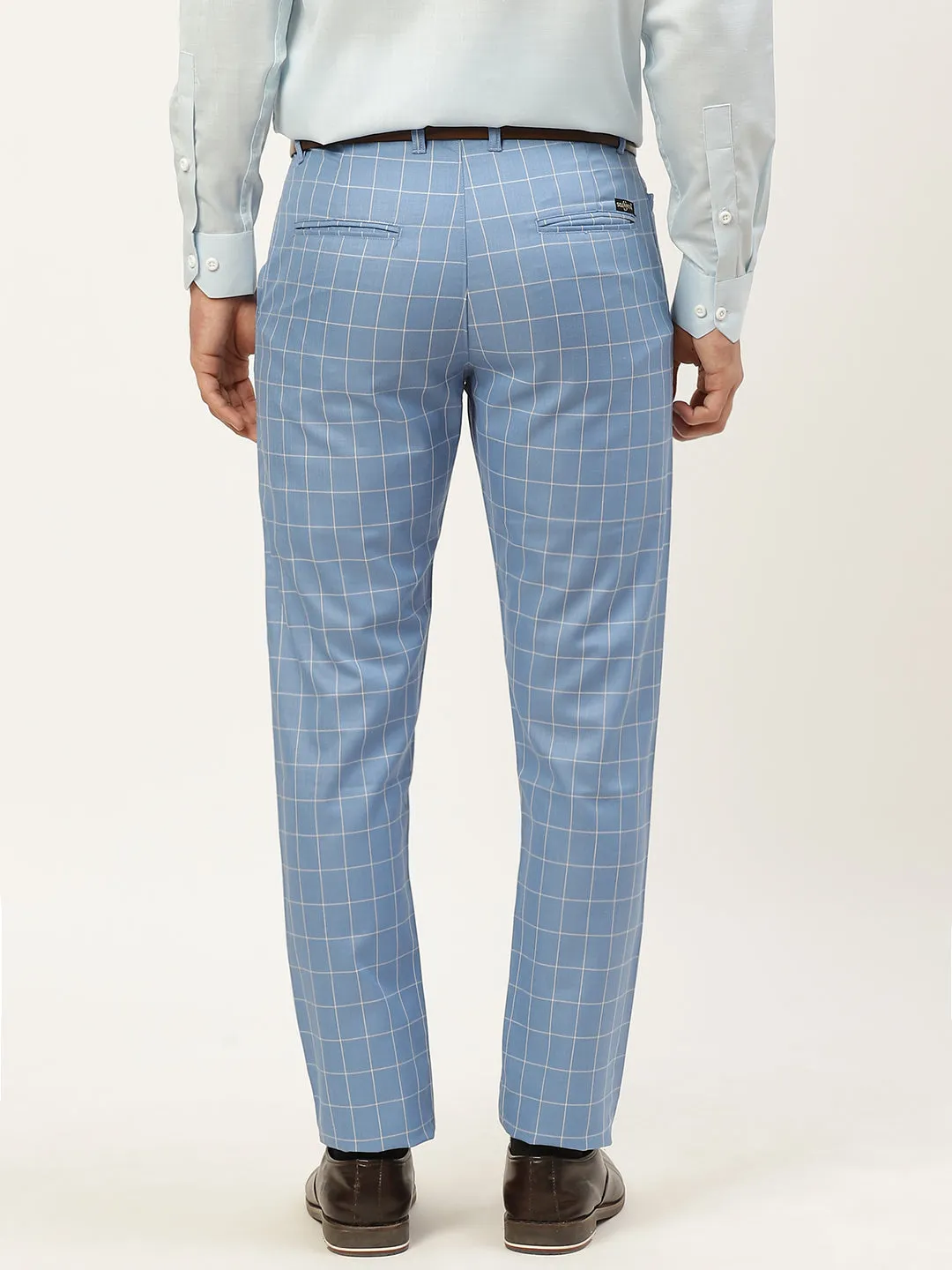 Men's Cotton Blend Blue & Off White Checked Formal Trousers - Sojanya