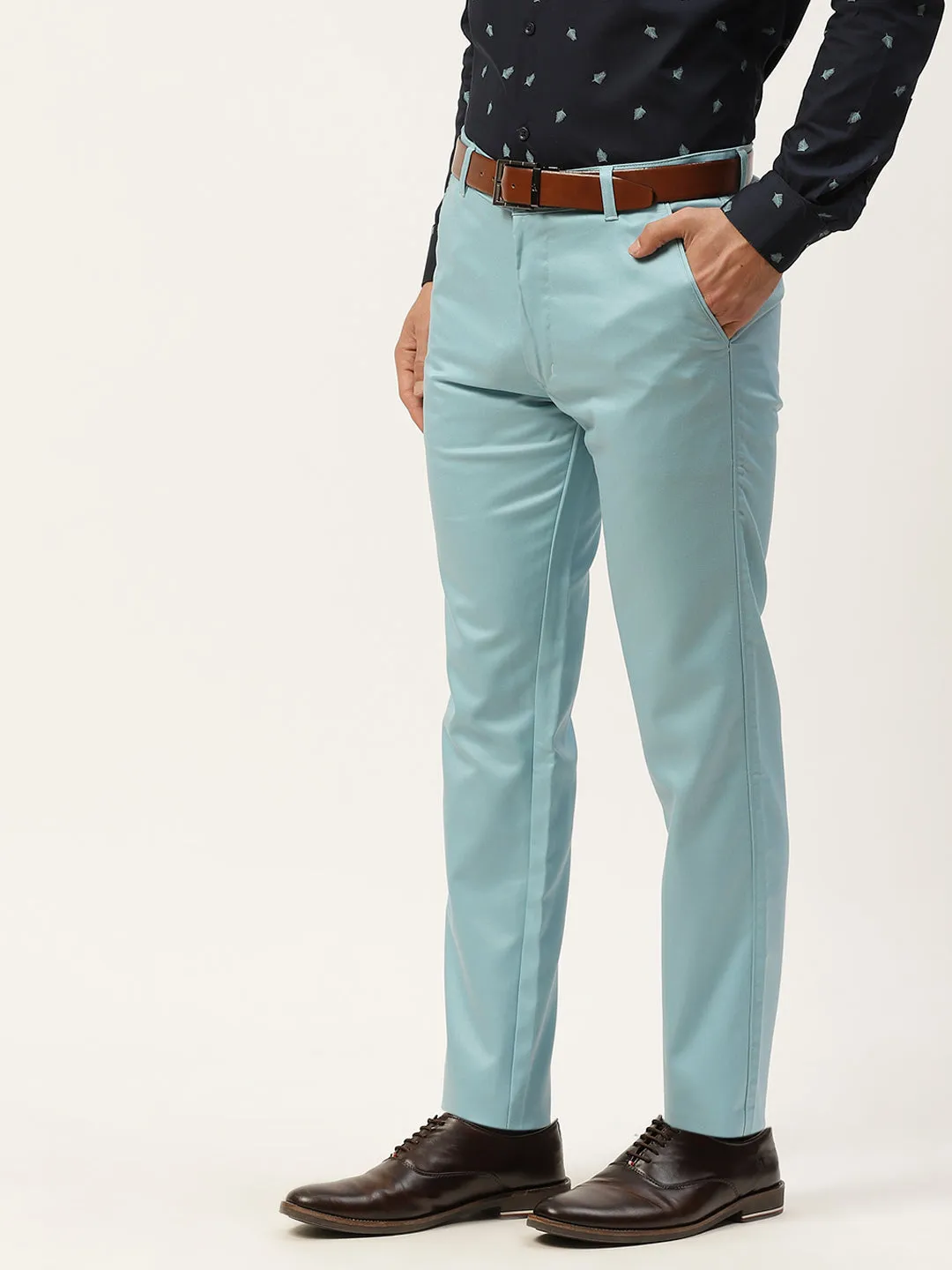 Men's Cotton Blend Sky Blue Solid Formal Trousers - Sojanya