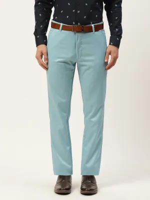 Men's Cotton Blend Sky Blue Solid Formal Trousers - Sojanya